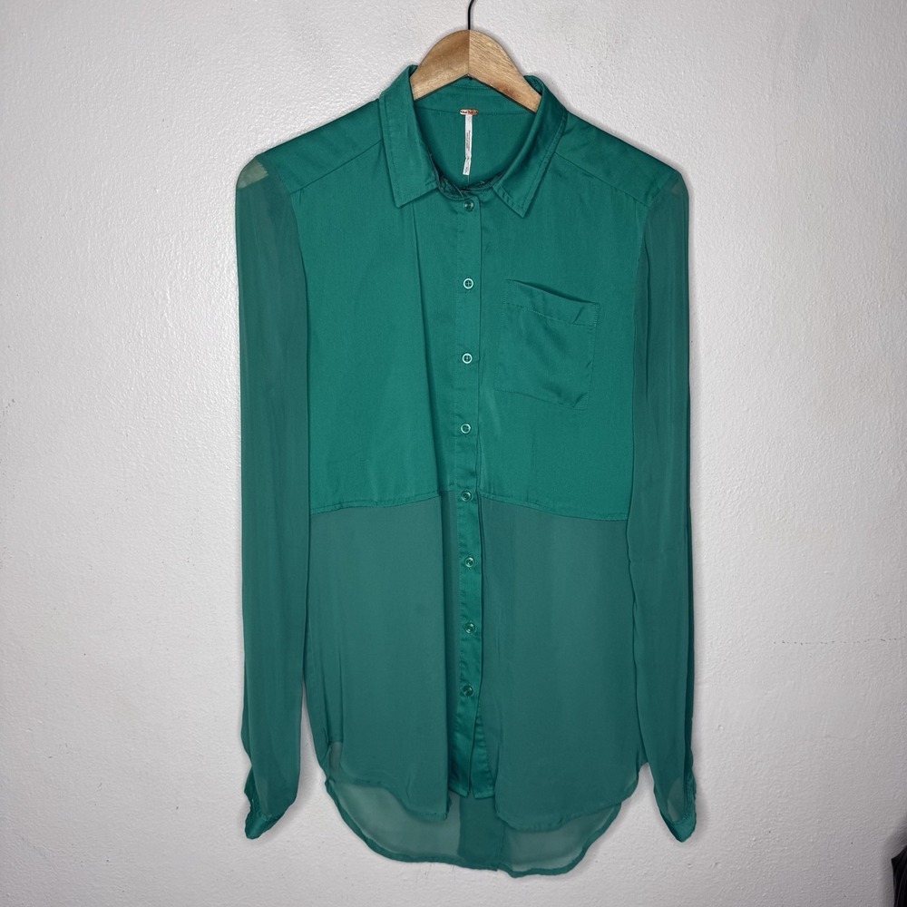 Free People Emerald Green Chiffon Tunic Long Sleeve Top Women's Small